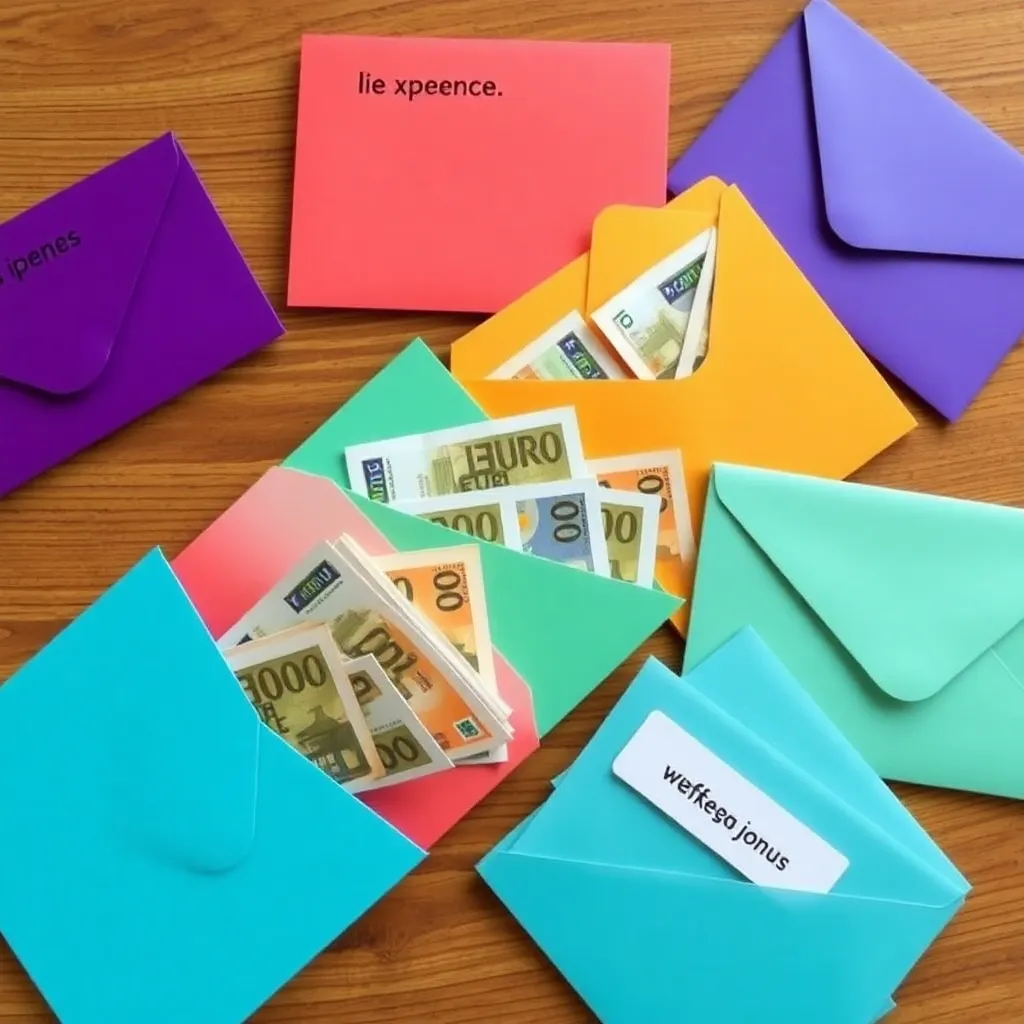 Verschillende gekleurde enveloppen met contant geld erin voor verschillende uitgavencategorieën