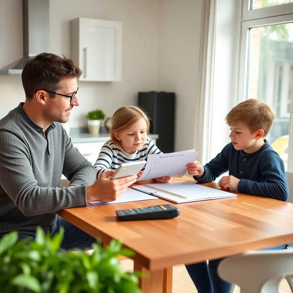 Nederlands gezin dat samen aan tafel zit met budget planner en rekenmachine