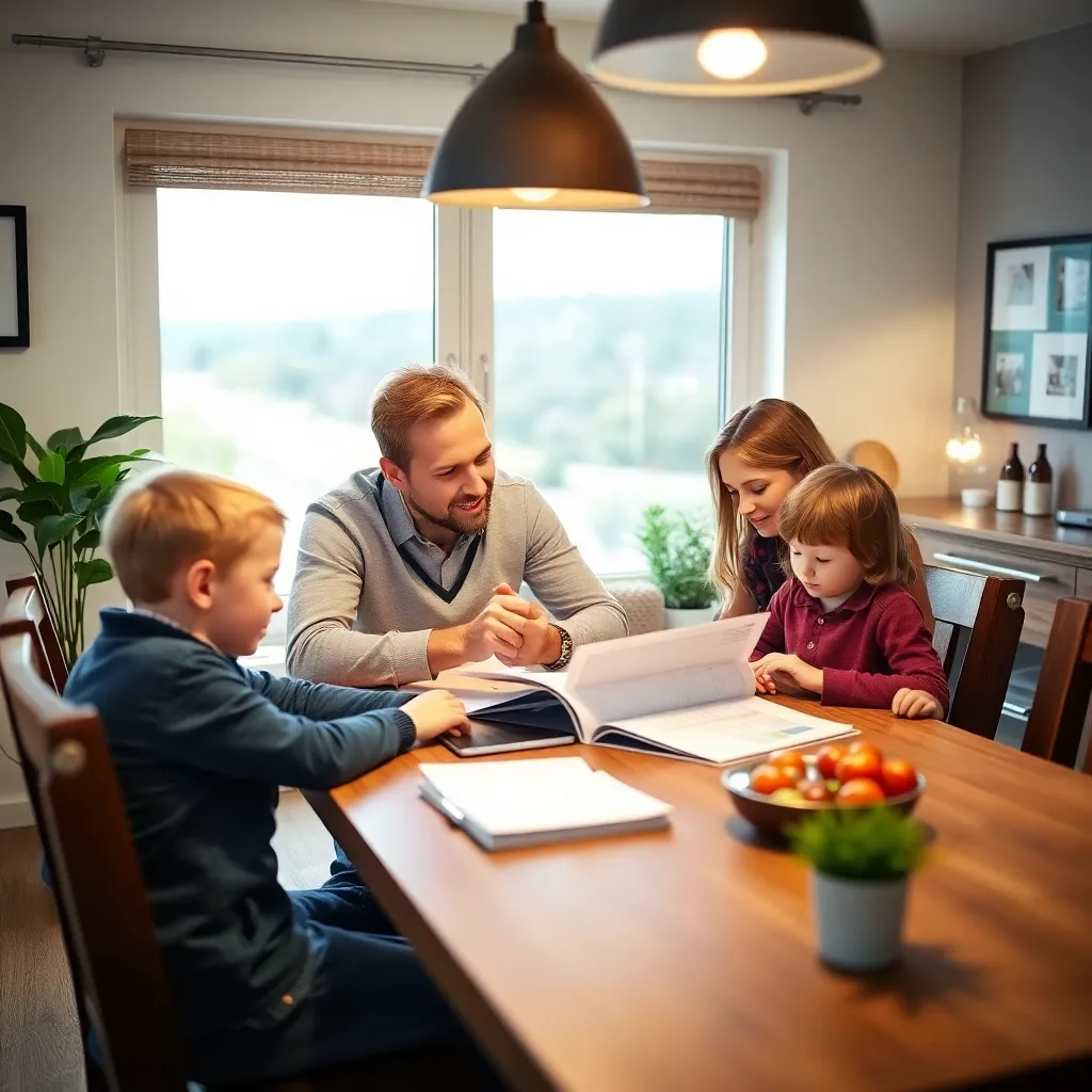 Nederlands gezin dat samen aan tafel hun budget bespreekt