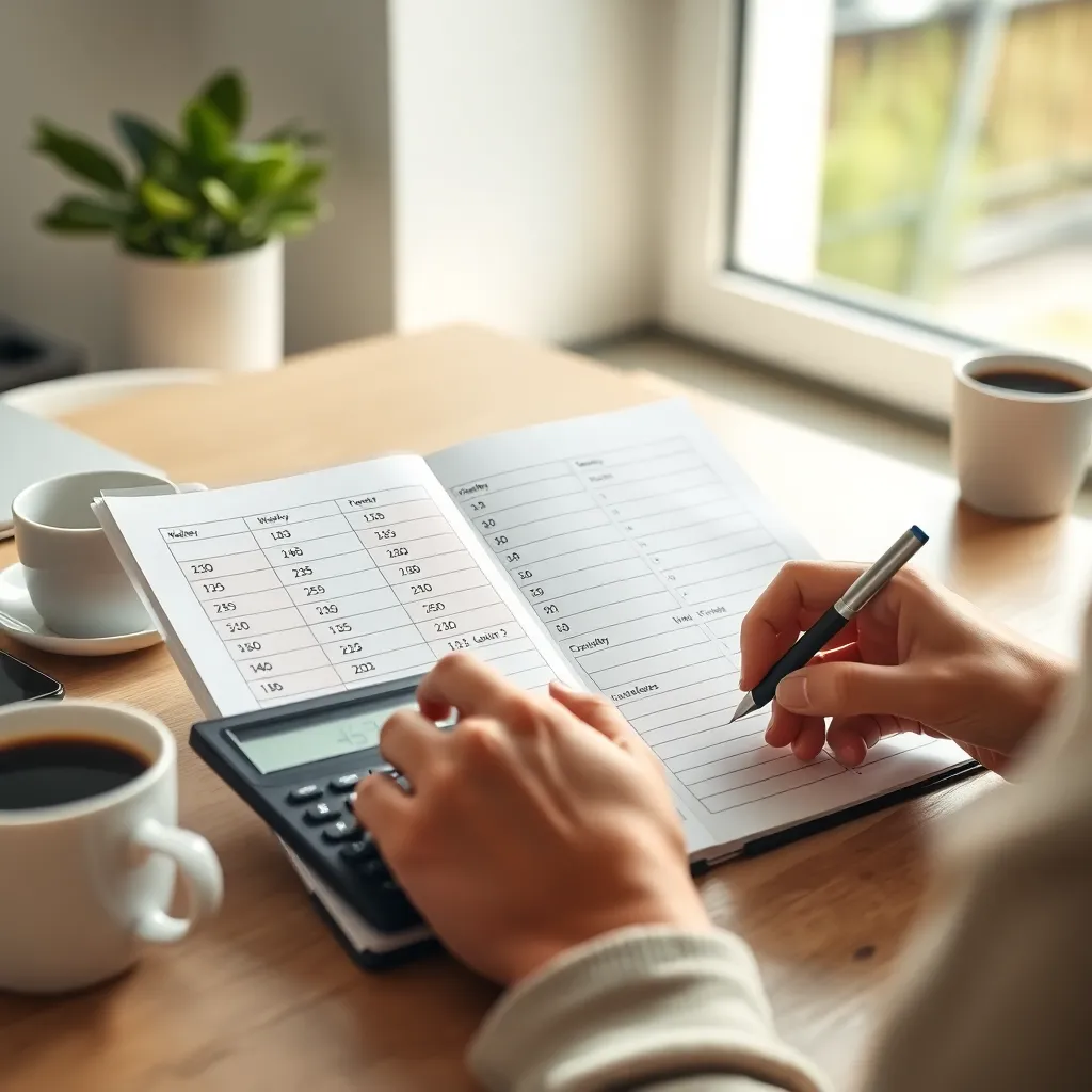 Persoon die budgetapp gebruikt op smartphone en tablet met uitgavengrafieken