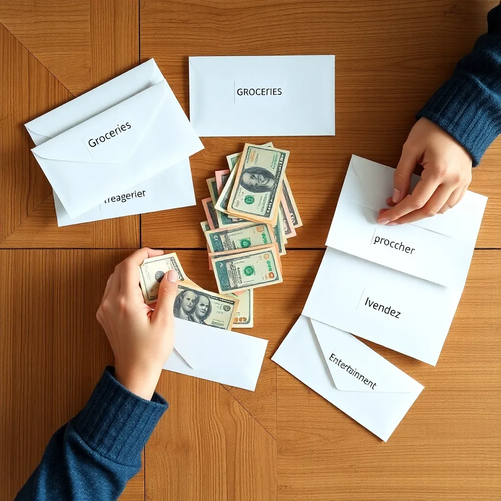 Persoon die contant geld sorteert in gelabelde enveloppen voor verschillende uitgavencategorieën
