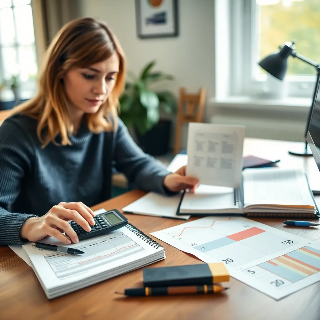 Persoon die wekelijks budget plant met 50/30/20 methode op tafel met laptop, rekenmachine en koffie