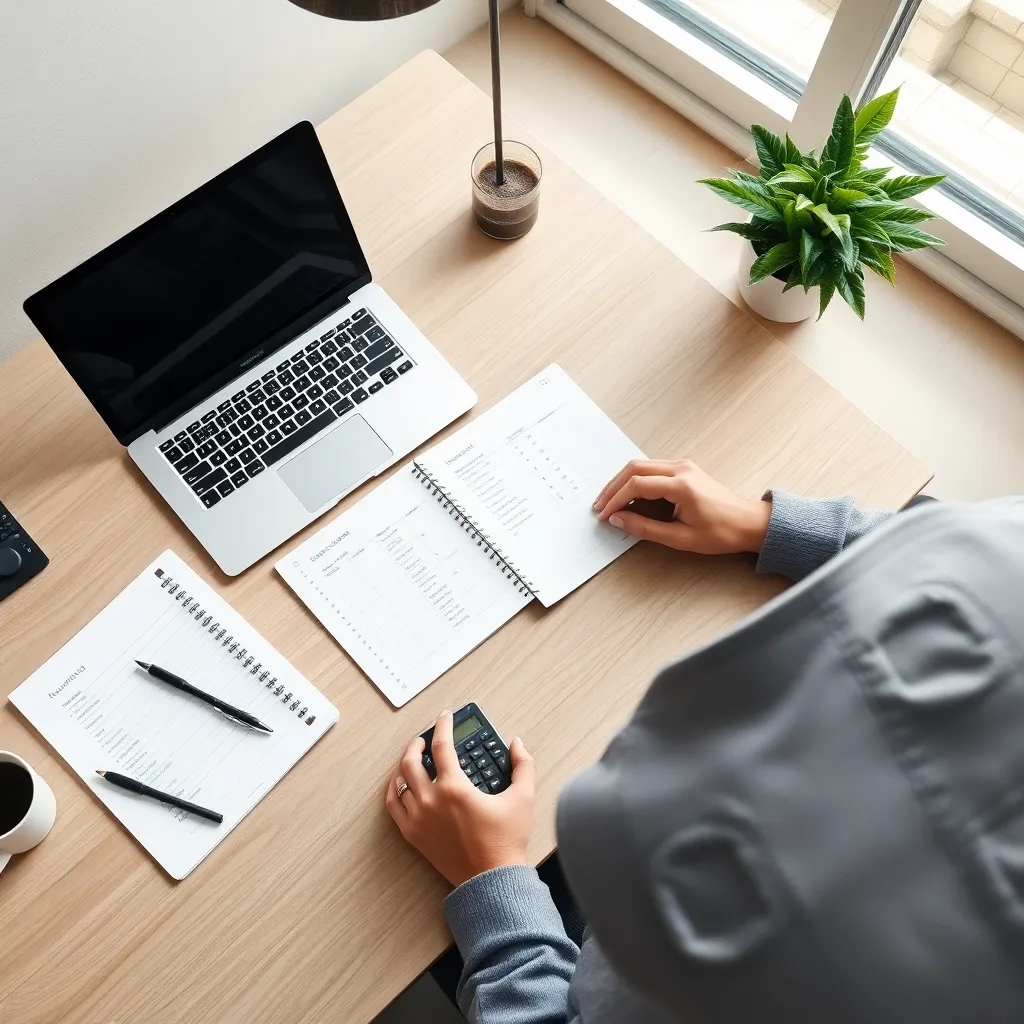 Persoon die zorgvuldig een budget plant met laptop en papieren