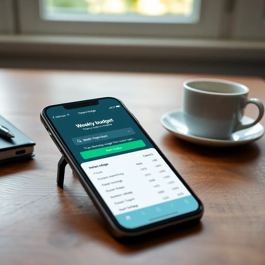 Smartphone met budgetapp op het scherm naast een kopje koffie